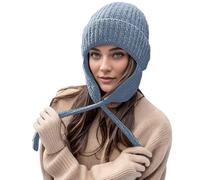 Bonnet tricoté chaud avec cache-oreilles pour femme et fille, cache-oreilles en tricot avec 3 pompons, bonnet à pompon tendance, bonnet de ski, snowboard, chapeaux avec cache-oreilles, cadeau, bleu,