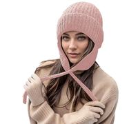 Bonnet tricoté chaud avec cache-oreilles pour femme et fille, cache-oreilles en tricot avec 3 pompons, bonnet à pompon tendance, bonnet de ski, snowboard, chapeaux avec cache-oreilles, cadeau, Rose,