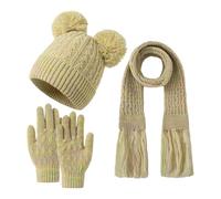 Bonnet tricoté + écharpe à franges + gants - Bonnet en coton tricoté avec pompons - Pour garçon et fille - Bonnet doux - Chauffe-cou - Gant pour 3 à 12 ans, O jaune., taille unique