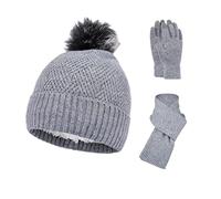 Bonnet tricoté en laine en peluche trois costumes en laine tricotée gants chauds chapeau écharpe trois costumes écharpe gants chapeau, gris, Taille unique
