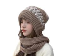 Bonnet Tricoté Ensemble Hiver 2 en 1 Écharpe Beanie avec Cache-Cou Doublure Polaire Chaud Chapeau d'Hiver avec Pompon Femme Bonnet de Sport et Tour de Cou Chaud, Super Cadeau Noël Fille