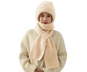 Bonnet Tricoté Ensemble Hiver 2 en 1 Écharpe Beanie avec Cache-Cou Doublure Polaire Chaud Chapeau d'Hiver avec Pompon Femme Bonnet de Sport et Tour de Cou Chaud, Super Cadeau Noël Fille