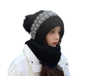 Bonnet Tricoté Ensemble Hiver 2 en 1 Écharpe Beanie Avec Cache-cou Doublure Polaire Chaud Chapeau d'Hiver Avec Pompon Femme Bonnet de Sport et Tour de Cou, Super Cadeau Noël Fille