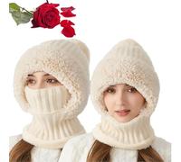 Bonnet tricoté pour femme en automne et en hiver, bonnet 3 en 1 résistant au froid, bonnet chaud d'hiver pour femme, bonnet écharpe coupe-vent, masque facial, écharpe à capuche résistante (Beige)
