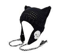 Bonnet tricoté pour femme style Harajuku avec oreilles de chat fait à la main, chapeau tendance Y2K tête de mort chapeau d'hiver chaud