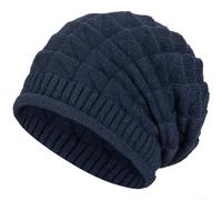 Bonnet tricoté pour homme hiver chaud doublé coupe-vent élastique bonnet long côtelé stretch coupe 55-60 cm tête pour loisirs mode noir blanc (bleu marine)