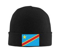 Bonnet Tricoté Unisexe,Acrylique Léger et Chaud,Extensible avec République démocratique du Congo Motif Drapeau Partiel pour Usage Quotidien,Noir