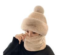 Bonnet une pièce en polaire pour femme - Écharpe à capuche - Cache-cou - Cagoule chaude d'hiver - Bonnet de ski avec pompon en fausse fourrure, kaki, taille unique