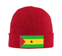 Bonnet Unisexe en Maille Acrylique,Léger,Très Extensible et Chaud,avec Sao Tomé-et-Principe Détail Drapeau Élégant,Rouge