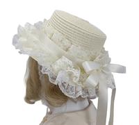 Bonnet victorien fait à la main avec bordure en dentelle avec nœud papillon paille soleil pour les amateurs de mode accessoires de costume de théière pour femmes mode vêtements de plage, Laiteux