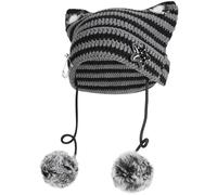 Bonnet Y2K avec oreilles de chat - Pour femme et fille - En crochet - Rayé - Grunge - Goth Star Pom - Esthétique - Kawaii - Mignon - Bonnet tête de mort, noir/gris, taille unique