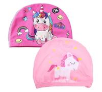 Bonnets de Bain Enfants, 2 Pièces Bonnet de Bain en Polyester pour Enfants de 4 à 10 Ans, Bonnet de Bain de Conception de Cygne Licorne de Dessin, Imperméable/Antidérapant, pour Les Jeunes Nageurs