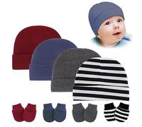 Bonnets de Naissance et Moufles de Protection Bébé, 4 Pièces Bonnet Nouveau-né et 4 Paires Mitaines Scratch de Protection Enfant Bébé Fille Garçon, Casquette Bonnets 0-6 Mois