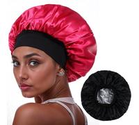 Bonnets de sommeil en satin pour femme, bonnet de nuit réversible en satin pour femme, tresses de cheveux bouclés (rose vif/noir)