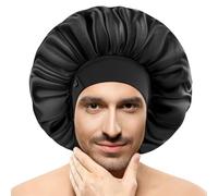 Bonnets en soie pour homme, bonnet en satin pour dormir, ourlet réglable et double couche, grand bonnet de sommeil pour tresses de cheveux bouclés, reste en place toute la nuit (noir)