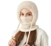 Bonnets Tricotés d'hiver pour Femmes Et Filles, Cagoule Polaire Femme, Cagoule Fille Femme Hiver, écharpe à Capuches Chaude en Une Pièce, Cagoules Doublée en Polaire épaisse (Beige)