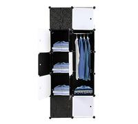 Bonnlo Armoire De Rangement Portable, Cube De Rangement DIY, Armoire Penderie en Plastique, Penderie Vêtement Dressing avec Portes, 10 Cubes, avec Tringle À Vêtements, 72x47x177 cm, Blanche et Noire