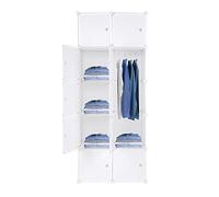 Bonnlo Armoire De Rangement Portable, Cube De Rangement DIY, Armoire Penderie en Plastique, Penderie Vêtement Dressing avec Portes, 10 Cubes, avec Tringle À Vêtements, Blanche, 72x47x177 cm