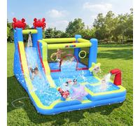 Bonnlo Chateau Gonflable avec Piscine, Toboggan Aquatique pour Enfant, Aire de Jeux Gonflable 605 x450 x165cm (Ventilateur Inclus) (Bleu-Thème Océanique)