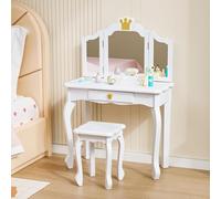 Bonnlo Ensemble Coiffeuse Enfant Fille avec Miroir à Trois Volets, Bureau 2 en 1 Idéal pour Chambre d'enfant, Dimensions 60 x 30 x 98 cm (Beige)