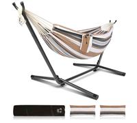 Bonnlo Hamac sur Pied avec Support en Acier, Hamac Extérieur en Coton-Polyester, Ensemble sur Pied Pliable, Porte 150 kg pour Jardin, Terrasse, Balcon, (Marron, 300 * 120 * 100 cm)