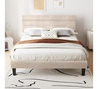 Bonnlo Lit 140x200 avec Sommier, Lit Double, Tête de Lit Tapissier, Montage Facile, Tissu Bouclé, Blanc Cassé