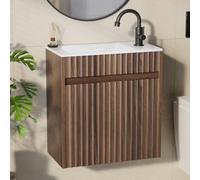 Bonnlo Meuble Salle de Bain Mural avec Vasque en Céramique, Meuble de Rangement Complet Suspendu avec Lavabo en Couleur Noyer, Petit Meuble pour WC, 46 x 26 x 51 cm