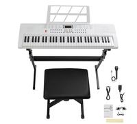 Bonnlo Piano Numérique Clavier 61 Touches avec Support et Banc, Haut-Parleurs Intégrés, Casque, Microphone, Repose-Partition, écran LED, 3 Modes pour Débutants (Blanc, piano + support + banc)
