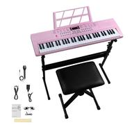 Bonnlo Piano Numérique Clavier 61 Touches avec Support et Banc, Haut-Parleurs Intégrés, Casque, Microphone, Repose-Partition, écran LED, 3 Modes pour Débutants (Rose, piano + support + banc)