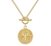 BONNYBIRD® Collier Femme Or Pendentif Boussole Chaîne Acier Inoxydable Pendentif Rond Fermoir en T Résistant à l'eau Bijoux Or Plaqué Jaune Doré Sans Nickel Chirurgical Ete Boheme