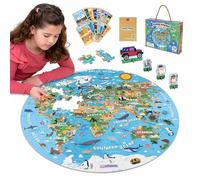 BONNYCO Puzzle Enfant Geant Carte du Monde, 70 Grandes Pièces avec Animaux | Avec 15 Cartes et 4 Figurines. Puzzle Rond XXL de 58 x 58 cm avec Guide Inclus. Jeux Educatif, Cadeau et Jouet Enfant 4 Ans