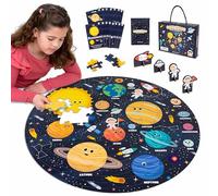 BONNYCO Puzzle Enfant Geant Systeme Solaire avec 70 Grandes Pièces. Puzzle XXL Rond avec Planetes, 58 x 58 cm, 15 Cartes, 4 Figurines 3D, Guide. Jeux Educatif, Cadeau et Jouet Enfant 4 Ans