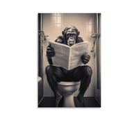 Bonobo Chimpanzé assis sur les toilettes lisant un journal drôle et insolite Poster animal vintage amusant singe sur toile Décoration murale pour salon chambre 30,5 x 45,7 cm