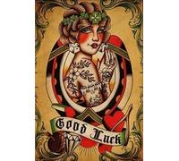 Bonoff Affiche murale en métal Tatouage Girl Good Luck - Plaque en métal - Décoration pour maison, bar, magasin, café, cadeau - Décoration vintage - Affiche d'art mural - 20,3 x 30,5 cm