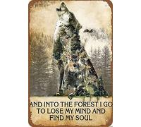 Bonoff Panneau mural rétro en métal avec loup dans la forêt nostalgique et animaux de la forêt - Décoration murale vintage - 20,3 x 30,5 cm