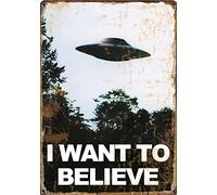 Bonoff Plaque en étain Scifi Ufo : « I Want To Believe » - Reproduction d'art rétro - Décoration de bureau - Affiche décorative vintage - Art mural - Affiche en métal - 20,3 x 30,5 cm