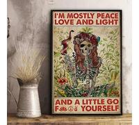 Bonoff Poster vintage avec tête de mort florale - I Am The Most Peaceful Love and Light - Décoration d'Halloween vintage en métal, panneau mural amusant pour entrée, porche, 14 x 20,3 cm