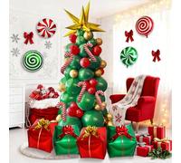 Bonropin Kit d'arche de ballons pour sapin de Noël avec ballons rouges, verts et dorés, étoile dorée de Noël, sucre d'orge, boîte cadeau, ballons en aluminium pour décorations de fête de Noël d'hiver