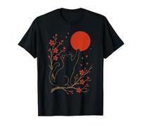 Bonsaï Arbre Branche Fleurs Coucher De Soleil Silhouette Chat Japonais T-Shirt