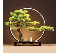 Bonsaï Artificiel avec Lampe LED, Base en Bois Massif, Ornement De Plante en Pot De Pin De Bienvenue Réaliste, Plante Verte Bonsaï De Simulation, F