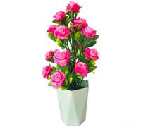 Bonsaï en soie à 17 fleurs dans un pot en plastique stylisé pour décoration contemporaine de table et d'étagère (rose rouge)
