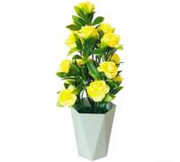 Bonsaï rose en soie à 17 fleurs dans un pot en plastique stylisé pour décoration contemporaine de table et d'étagère (jaune)