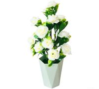 Bonsaï rose en soie à 17 fleurs dans un pot en plastique stylisé pour décoration contemporaine de table et d'étagère (blanc)