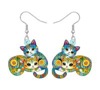 BONSNY Boucles d'oreilles en acrylique avec pendentif chat floral folk art design bijoux pour femmes filles chaton amoureux cadeaux nouveauté amusant hypoallergénique Charms, M, Acrylique Acier