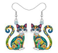 BONSNY Boucles d'oreilles en acrylique avec pendentif chat floral folk art design bijoux pour femmes filles chaton amoureux cadeaux nouveauté amusant hypoallergénique Charms, M, Acrylique Acier