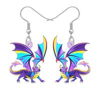BONSNY Boucles d'oreilles Pendantes Dragon Arc-en-ciel, Créature Mythique Fantastique, Ailes Colorées Bijoux,Rigolo Nouveauté Pour Femmes Filles Cosplay Fantaisie Evénements Accessoires (Pourpre)