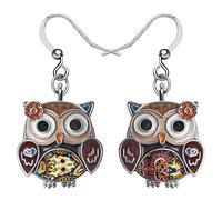 BONSNY Boucles d'oreilles Pendantes en Émail Alliage Mignon Hibou Cadeaux pour les Femmes Oiseaux Amoureux Charms (Marron)