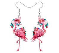 BONSNY Boucles d'oreilles pendantes en forme de flamant rose tropical avec fleurs d'hibiscus, style plage hawaïenne, motif floral coloré, M, Acrylique Acier inoxydable, Non applicable