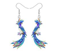 BONSNY Boucles d'oreilles pendantes en forme de paon coloré, motif oiseaux en acrylique bleu turquoise avec accents floraux, crochet décoratif printemps été, style bohème, bijoux cadeaux pour femmes