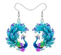 BONSNY Boucles d'oreilles pendantes en forme de paon coloré, motif oiseaux en acrylique bleu turquoise avec accents floraux, crochet décoratif printemps été, style bohème, bijoux cadeaux pour femmes